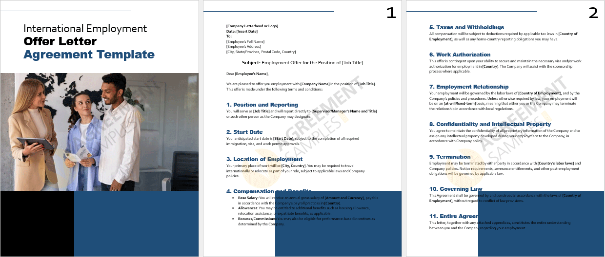Complete view of the International Employment Offer Letter Agreement template displaying detailed clauses for international employment terms and conditions.