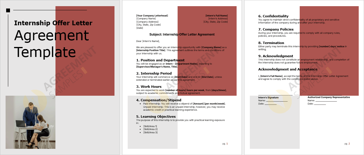 Complete view of the Internship Offer Letter Agreement template displaying the full structure and layout in Microsoft Word.