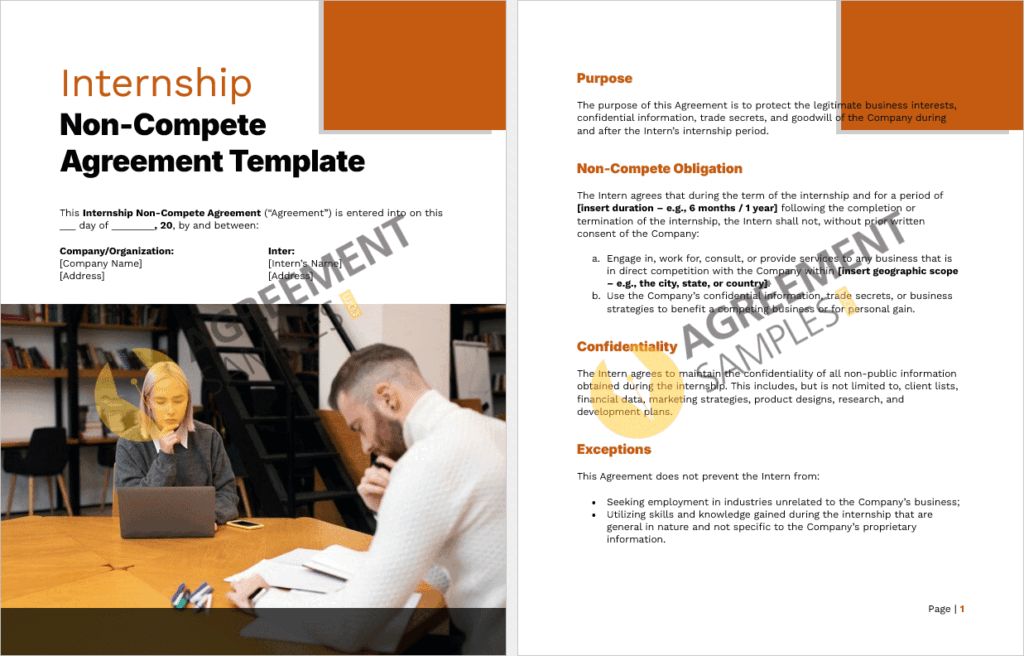 Preview of the Internship Non-Compete Agreement template showing editable clauses and structured layout.
