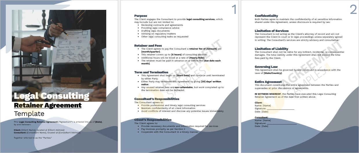 Full-page view of the Legal Consulting Retainer Agreement template in editable Word format.