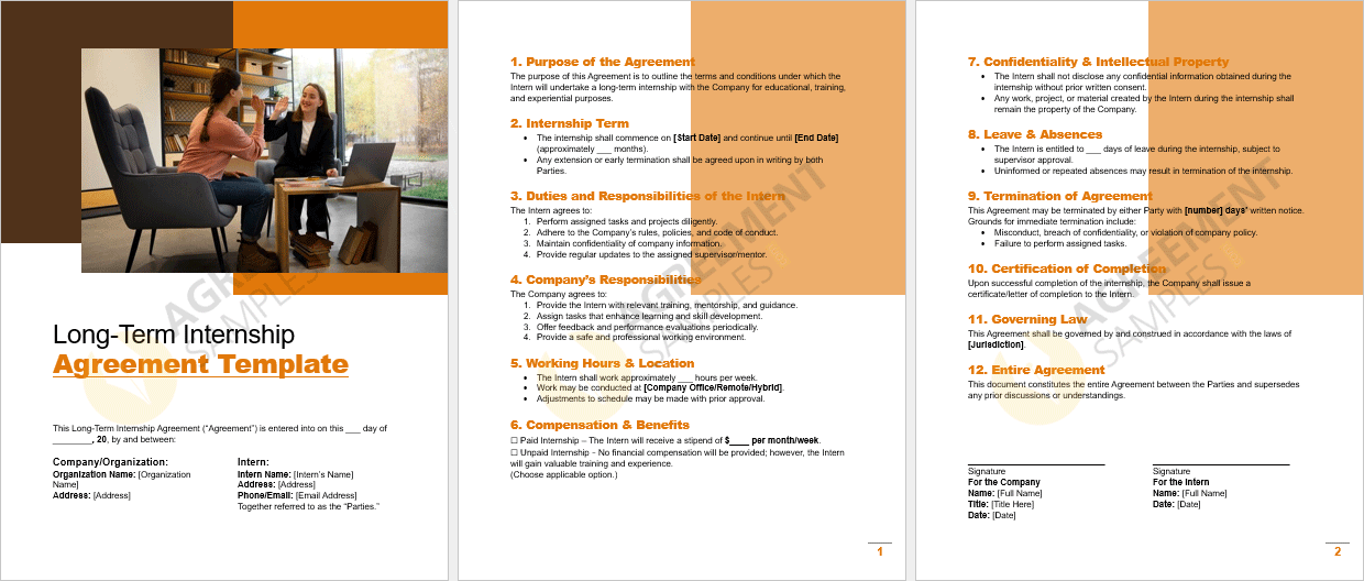 Full view of the Long-Term Internship Agreement template in editable Word format, displaying detailed clauses and structure.