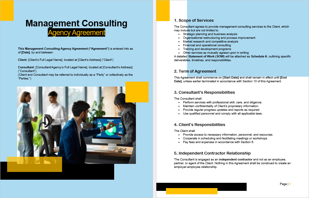 Preview of the Management Consulting Agency Agreement template showing agreement clauses and structure.
