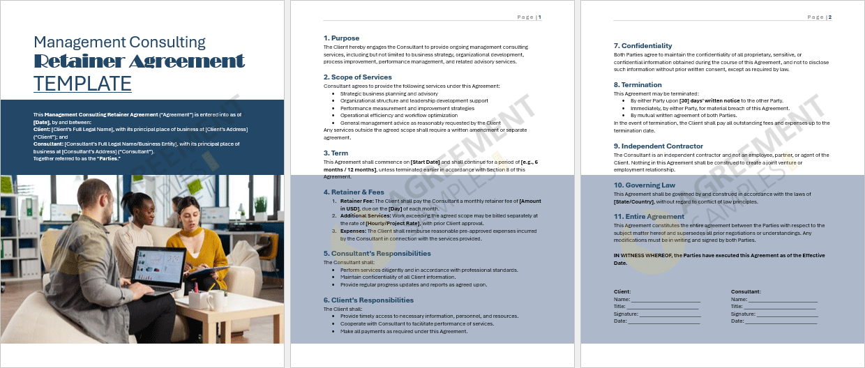 Full view of the Management Consulting Retainer Agreement template displaying all sections including scope of services, fees, confidentiality, and termination.