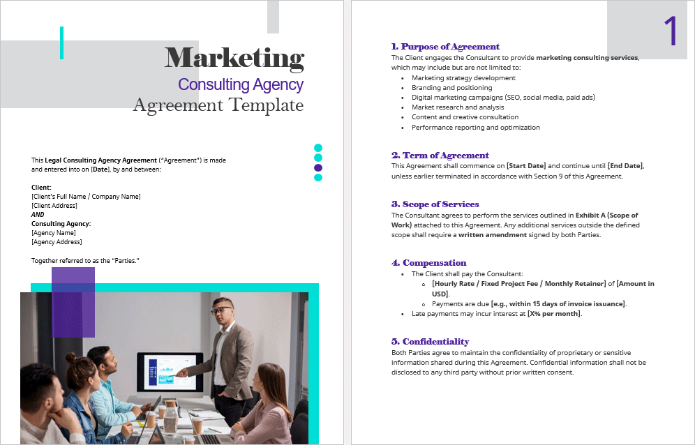 Preview of the Marketing Consulting Agreement template showing structured clauses for scope of work, compensation, and confidentiality.