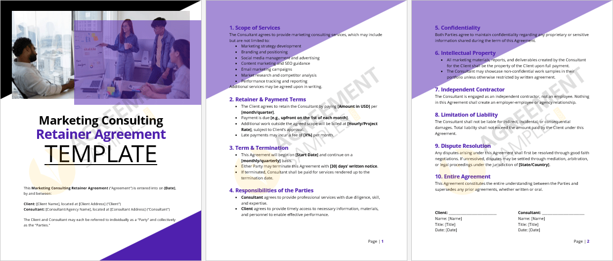 Full view of Marketing Consulting Retainer Agreement template in Microsoft Word, fully customizable for consultants and clients