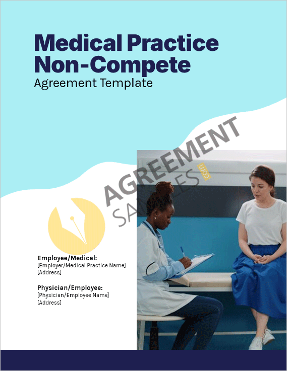 Professional cover page design of a Medical Practice Non-Compete Agreement template, showing clean formatting and legal document style.