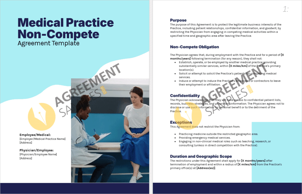 Preview of the inside pages of a Medical Practice Non-Compete Agreement template, highlighting editable sections such as non-compete terms, confidentiality, and duration clauses.