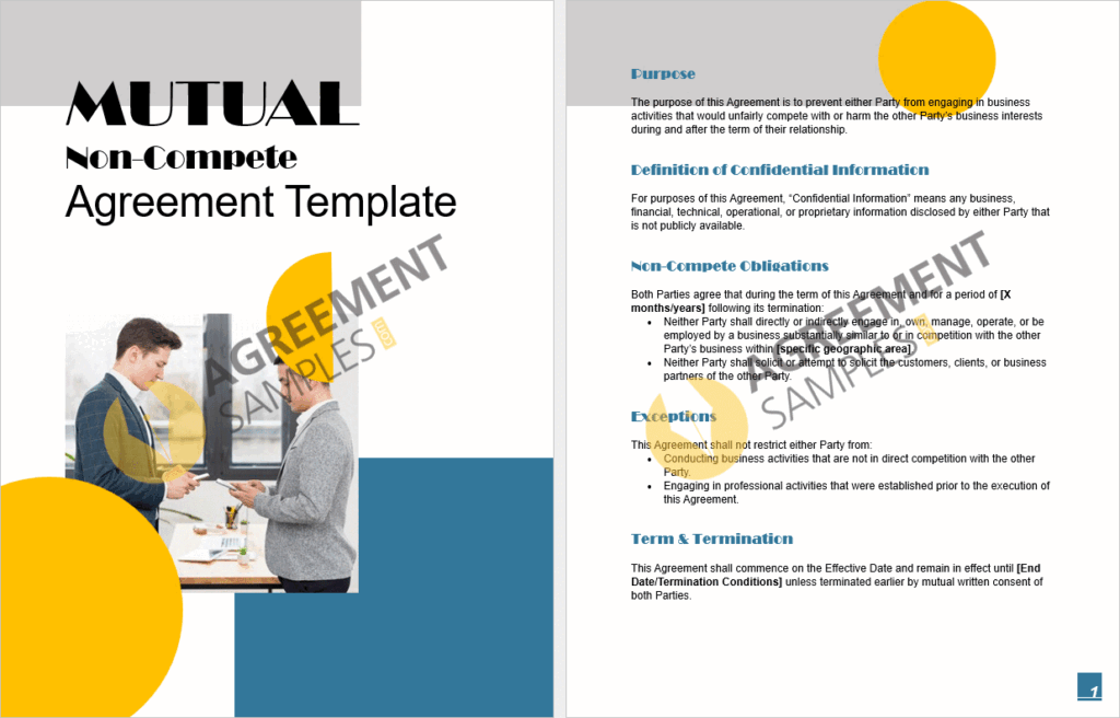 Sample inside page of the editable Mutual Non-Compete Agreement showing key clauses and professional formatting.