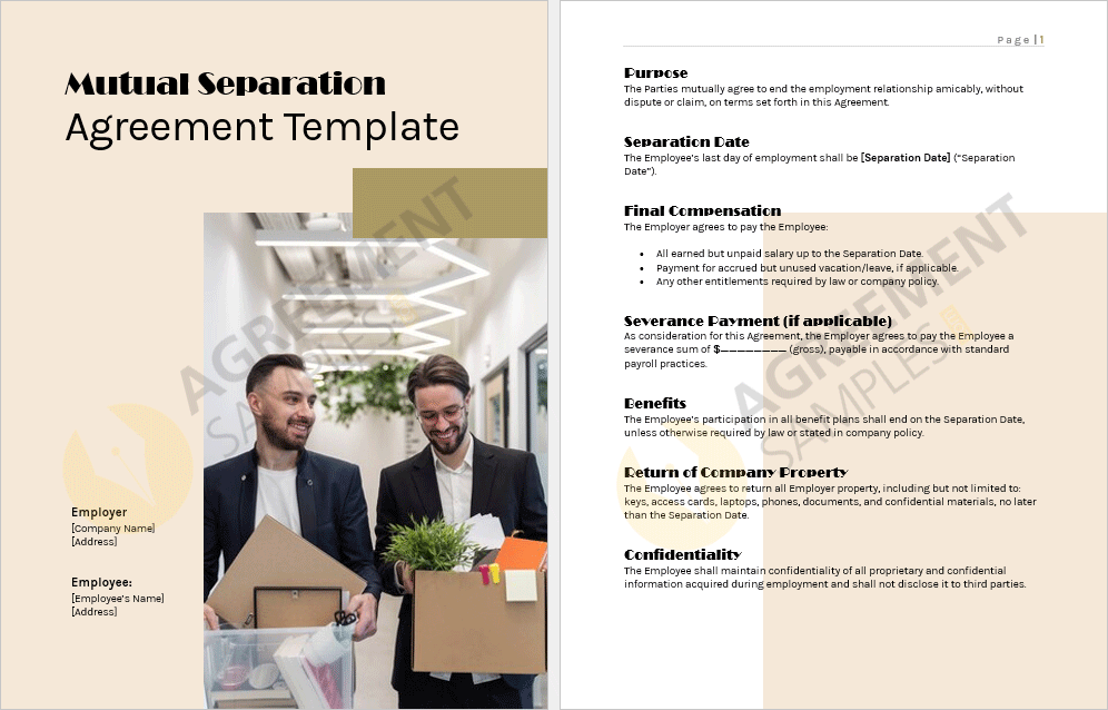 Inside preview of the Mutual Separation Agreement template showing sections on separation details, compensation, and confidentiality clauses.