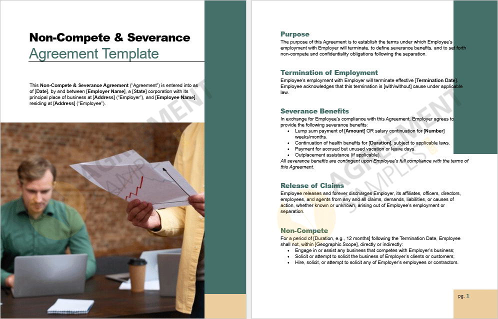 Inside page preview showing editable clauses of the Non-Compete & Severance Agreement Template