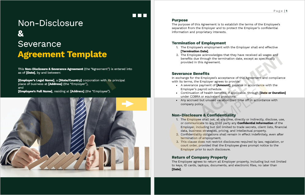 Inside preview of the customizable Non-Disclosure & Severance Agreement template showing confidentiality and severance clauses