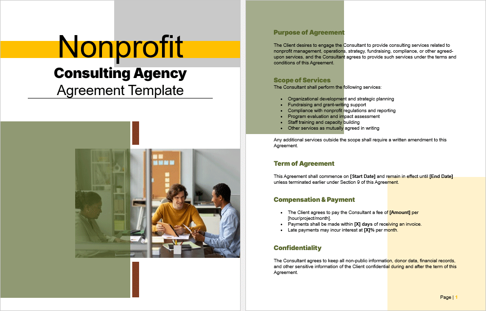 Sample preview of the nonprofit consulting agency agreement showing clauses like scope of services, compensation, and confidentiality.