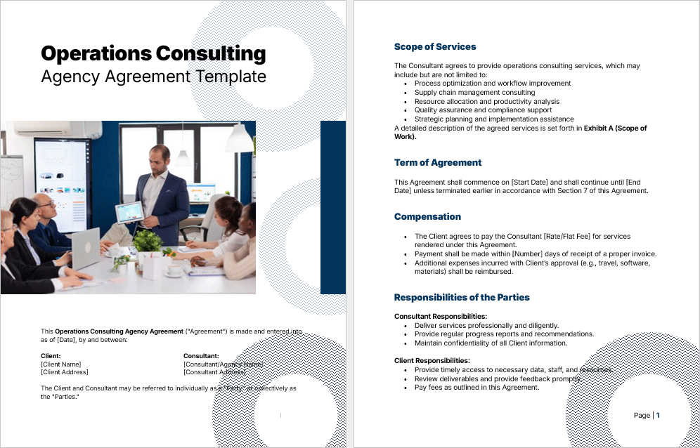 Inside preview of the Operations Consulting Agreement Template highlighting key sections such as scope of services, payment terms, and confidentiality clauses.