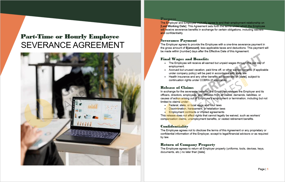Preview of the inside pages of the Part-Time or Hourly Employee Severance Agreement template, showing structured clauses and sections.