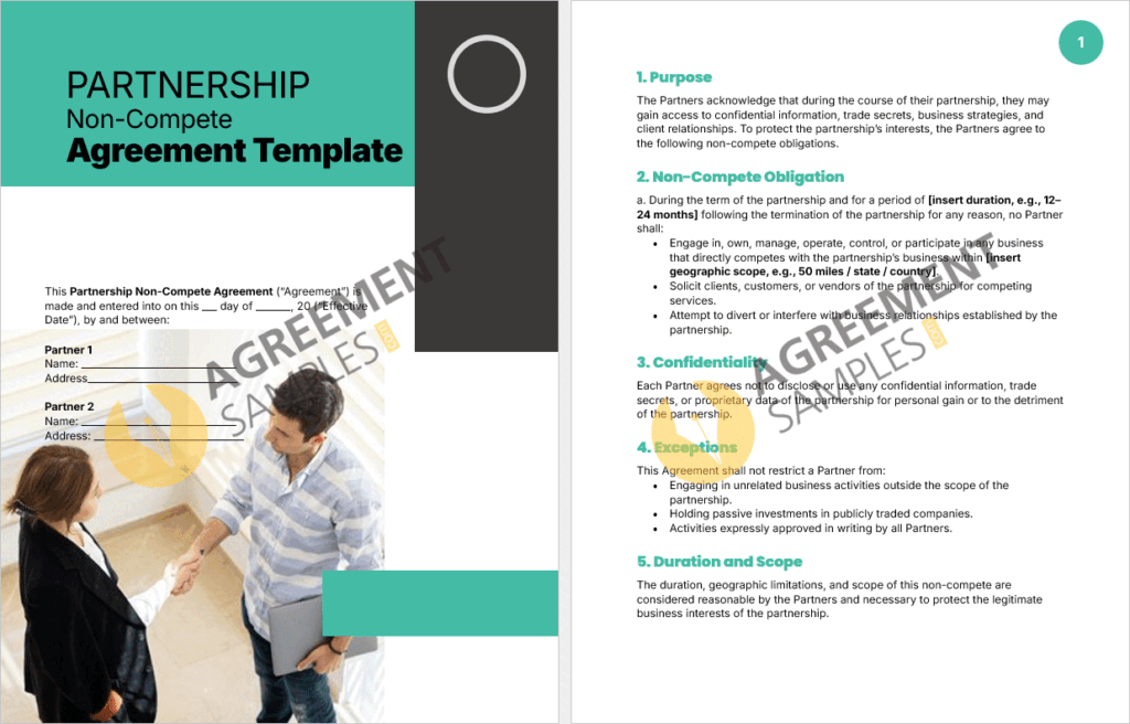 Inside preview of the Partnership Non-Compete Agreement template highlighting key sections such as non-compete obligations, confidentiality, and remedies.
