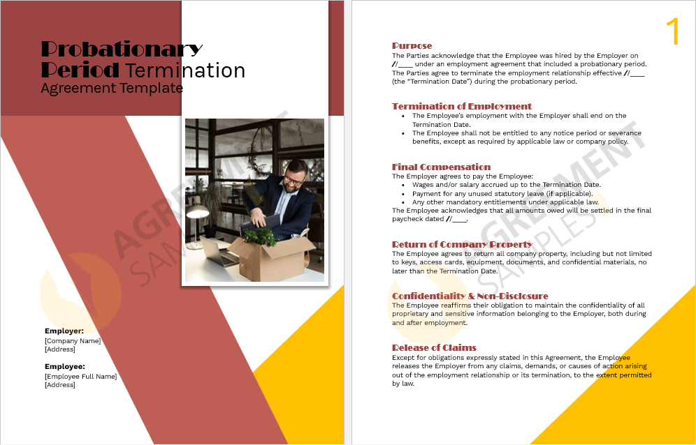Sample preview of the Probationary Period Termination Agreement template showing editable sections and clear formatting.