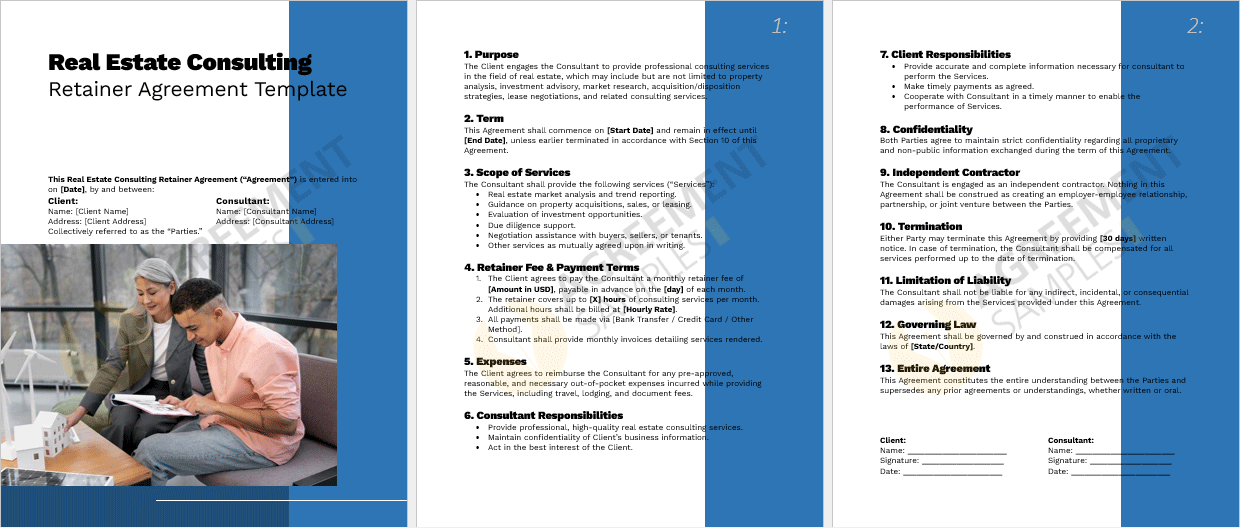 Complete view of the Real Estate Consulting Retainer Agreement Template in Word format, ready for editing and customization