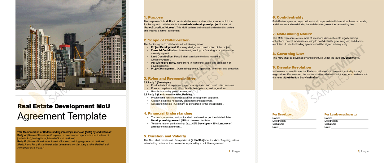 Complete Real Estate Development MoU agreement template in Word format showing a professionally drafted, ready-to-edit document.