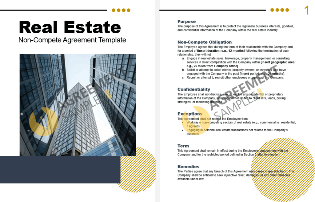 Inside preview of the Real Estate Non-Compete Agreement template highlighting editable clauses on non-compete duration, client restrictions, and confidentiality terms.