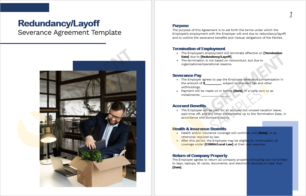 Inside preview of the Redundancy/Layoff Severance Agreement template showing sections on severance pay, benefits, and confidentiality.