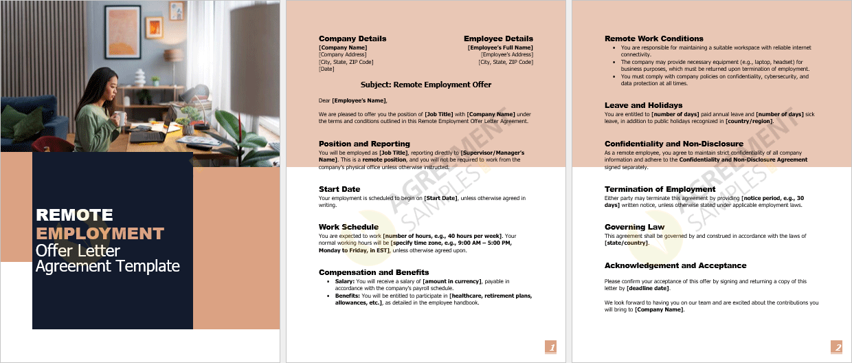 Full-page view of the Remote Employment Offer Letter Agreement template, displaying a complete professional format ready for customization.