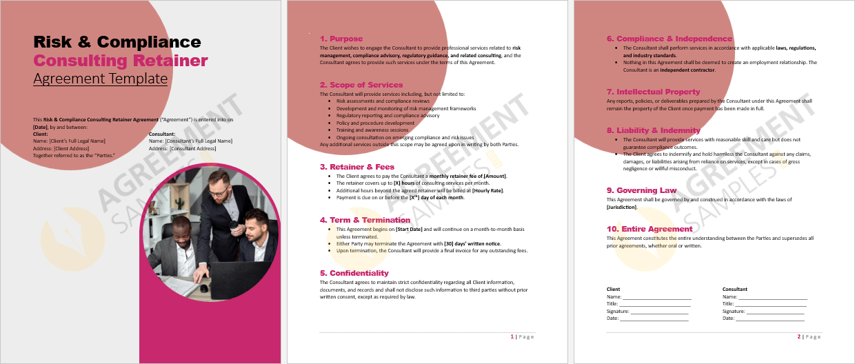 Complete view of the Risk & Compliance Consulting Retainer Agreement Template showing all sections including scope of services, fees, confidentiality, and termination terms.