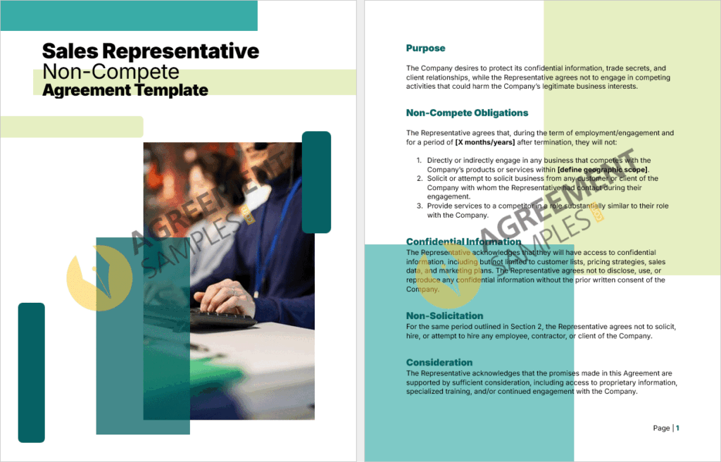 Preview of the Sales Representative Non-Compete Agreement template displaying structured clauses and legal formatting inside the document.