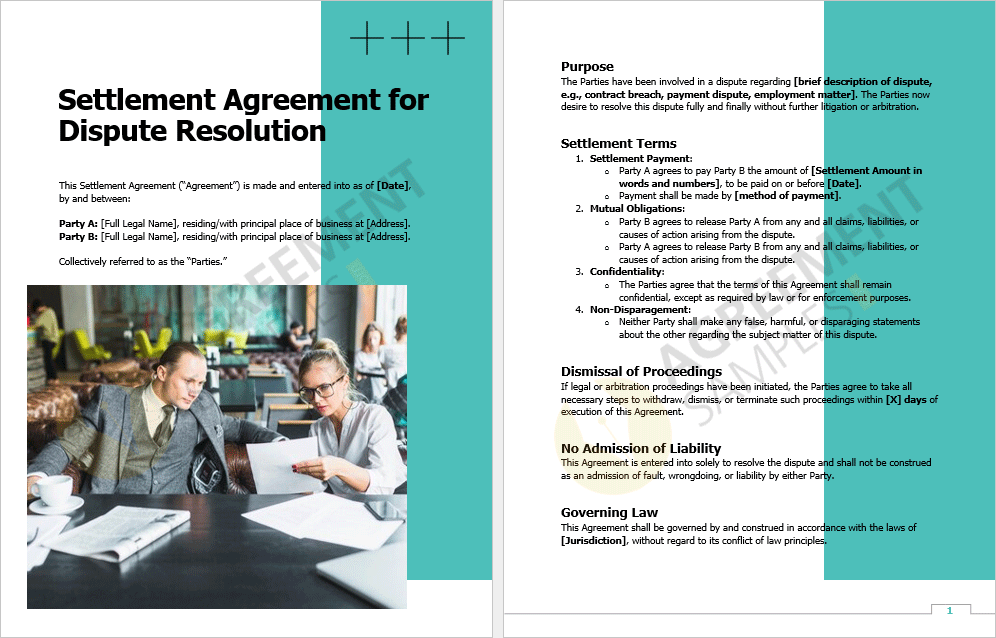 Editable Word document preview of the Settlement Agreement showing key settlement terms and clauses.