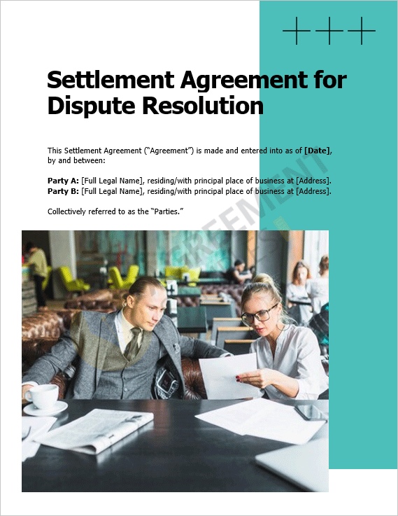 Professional cover page of a Settlement Agreement template for resolving disputes.