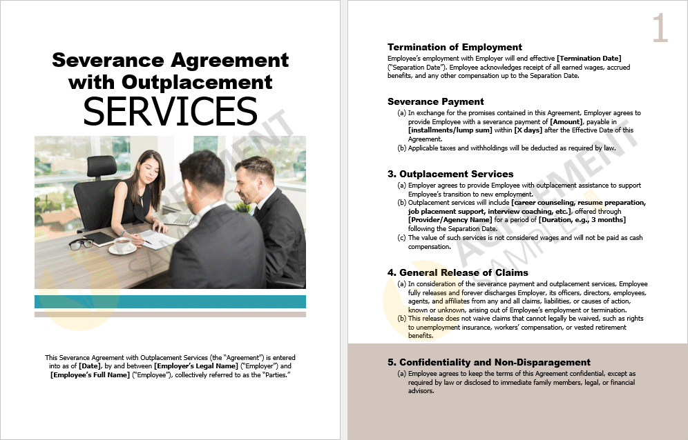 Inside page preview of the Severance Agreement with Outplacement Services template, showing sample clauses on severance payments, outplacement support, and confidentiality.