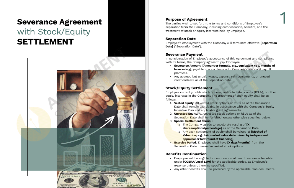 Sample page from the Severance Agreement with Stock/Equity Settlement template showing customizable clauses and formatting.