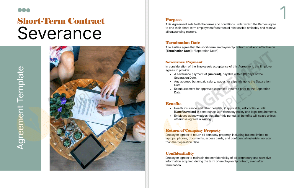 Screenshot showing editable sections of the Short-Term Contract Severance Agreement, including termination date, severance payment, and confidentiality clauses.