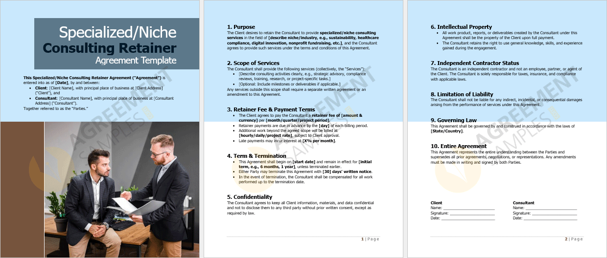 Full document view of the Specialized / Niche Consulting Retainer Agreement template, displaying complete customizable contract terms.