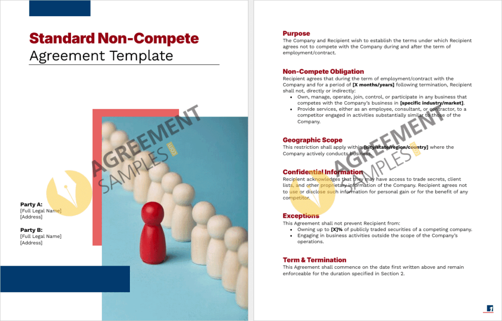 Preview of the Standard Non-Compete Agreement Template showing key sections like purpose, non-compete obligations, and geographic scope