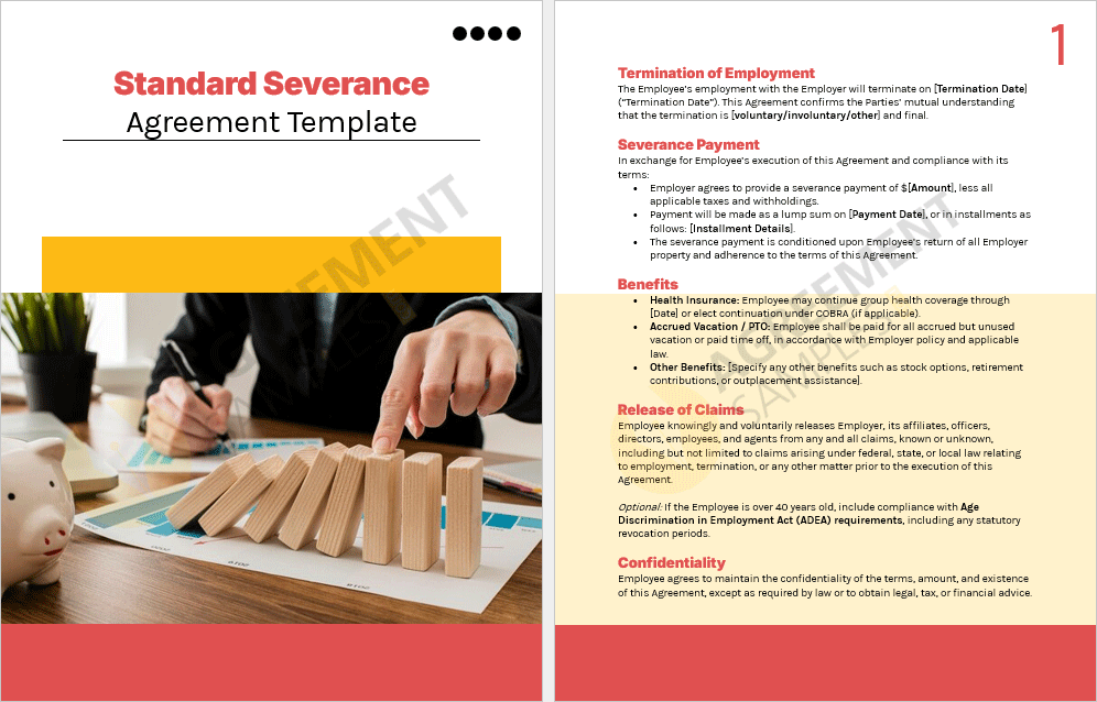 Sample clauses and formatted sections from the Standard Severance Agreement Template showing severance payment and confidentiality terms