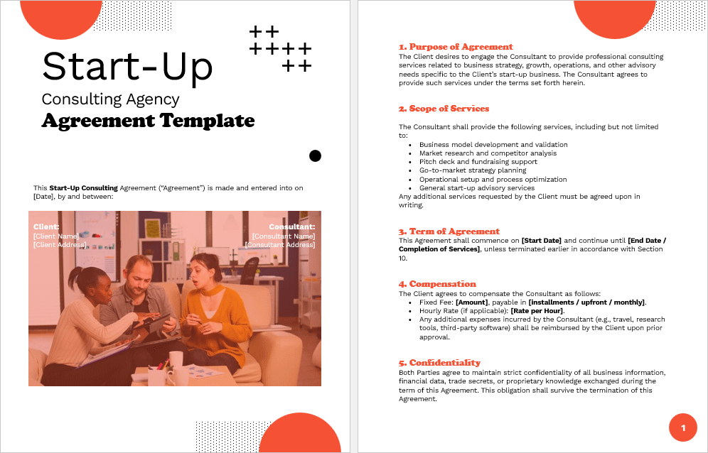 Preview of the inside pages of the Start-Up Consulting Agency Agreement Template highlighting key sections such as services, compensation, and confidentiality.