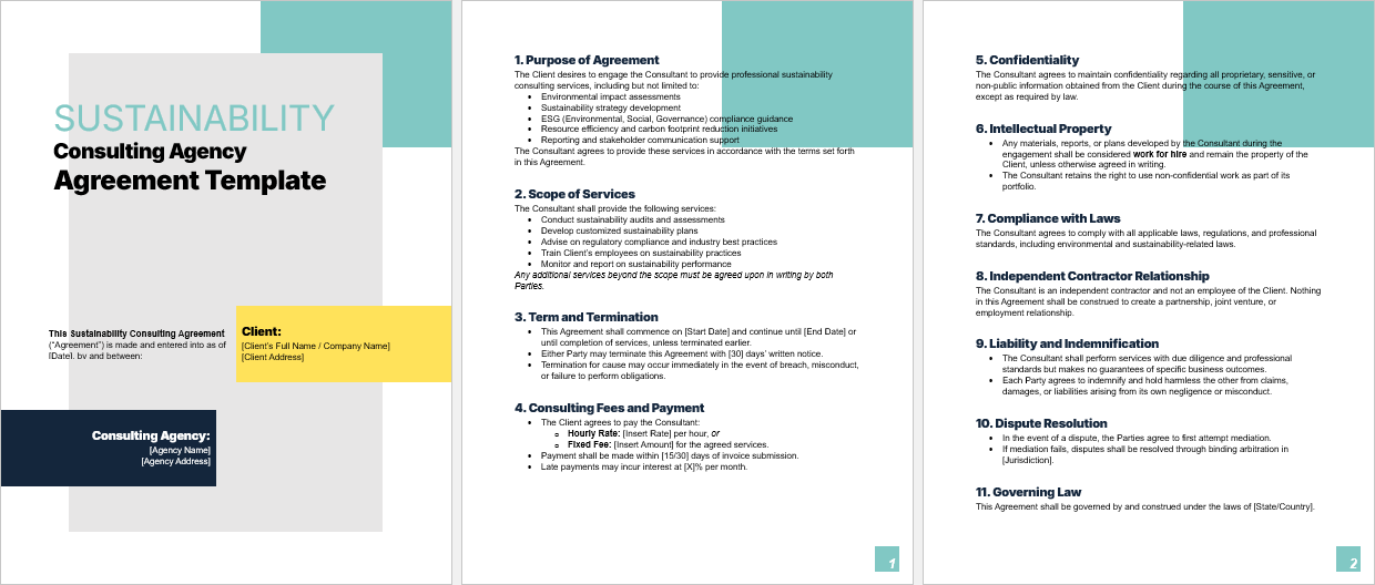 Full-page view of the Sustainability Consulting Agreement template, highlighting detailed clauses for sustainability consulting services.