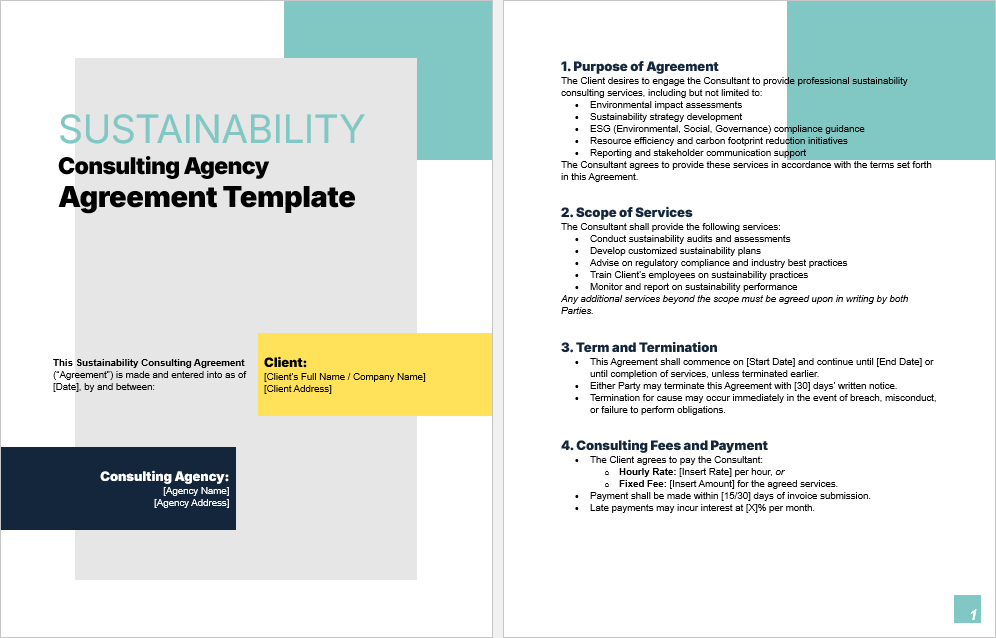 Preview of the Sustainability Consulting Agreement template showing structured contract sections such as scope of services, payment terms, and confidentiality.