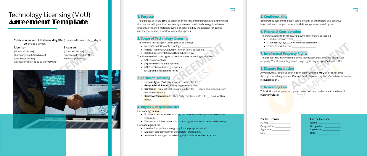 Complete view of the Technology Licensing Memorandum of Understanding template with all sections including scope, confidentiality, financial terms, and signatures