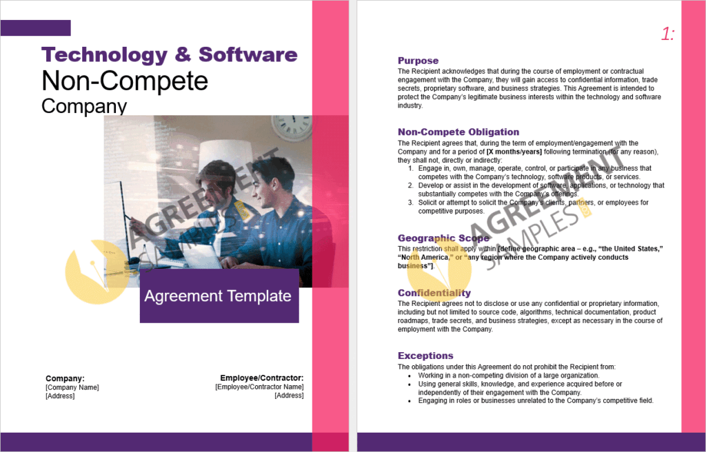 Inside view of the editable Technology & Software Non-Compete Agreement template showing customizable clauses and placeholders.