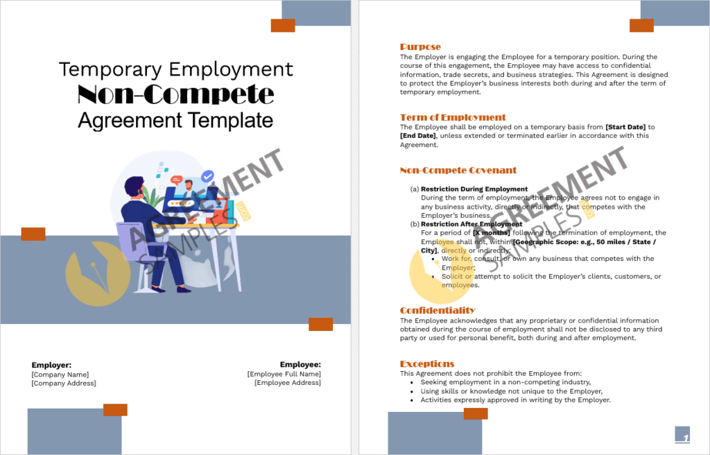 Editable inside pages of the Temporary Employment Non-Compete Agreement Template showing terms and clauses