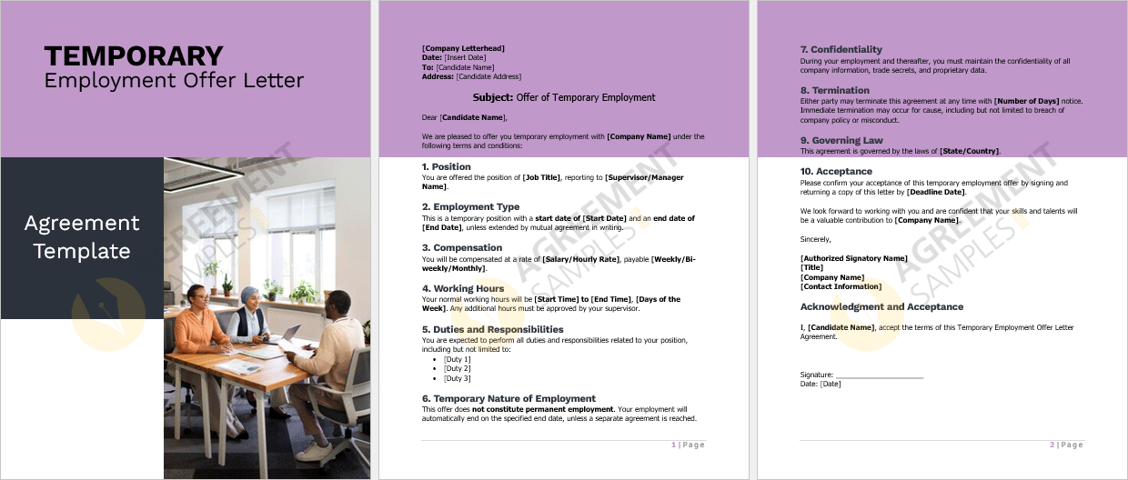 Complete view of the Temporary Employment Offer Letter Agreement template with structured sections for position, compensation, duration, and signatures