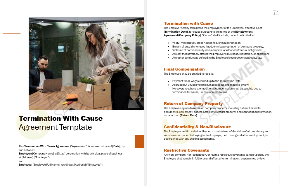 Inside preview of the Termination With Cause Agreement template showing termination grounds, compensation, and company property return clauses.
