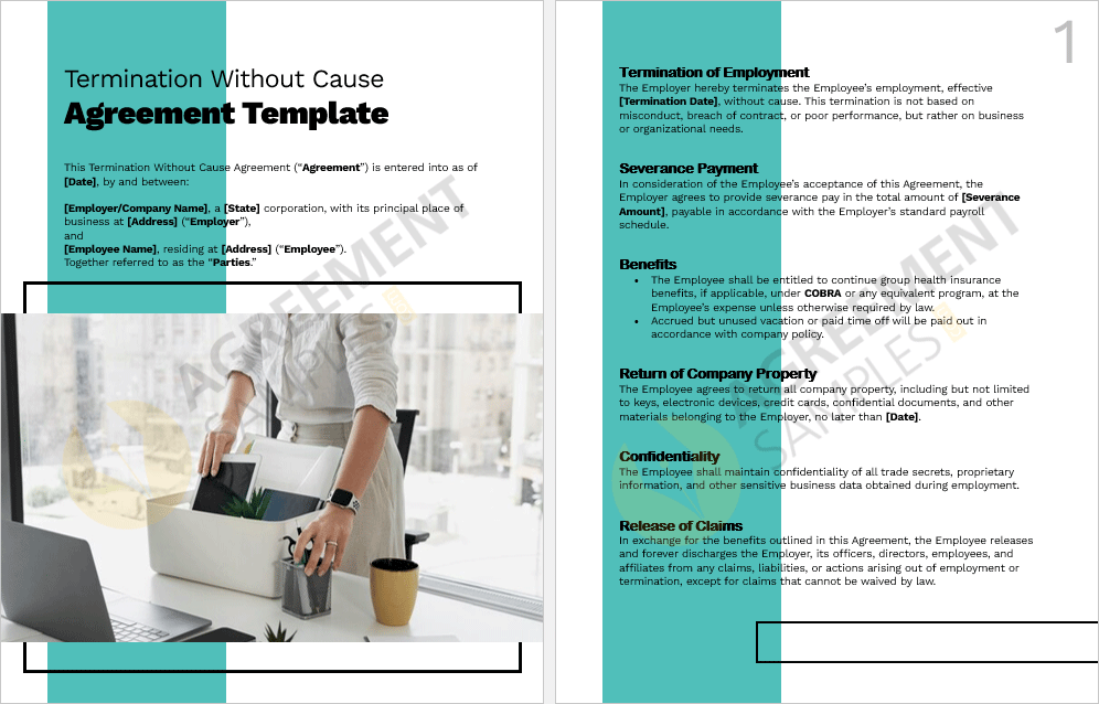 Editable inside page preview showing key sections like severance terms, benefits, and confidentiality in the Termination Without Cause Agreement template.