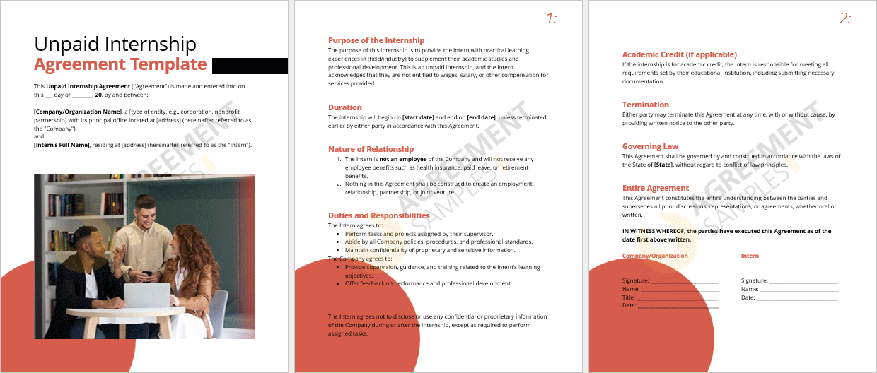 Full-page view of the Unpaid Internship Agreement template in Word format, ready for download and customization.