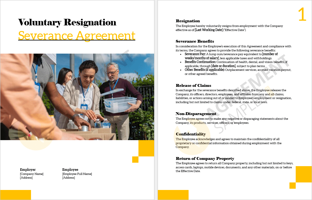 Preview of inside pages showing resignation terms, severance benefits, and confidentiality clauses from the Voluntary Resignation Severance Agreement Template