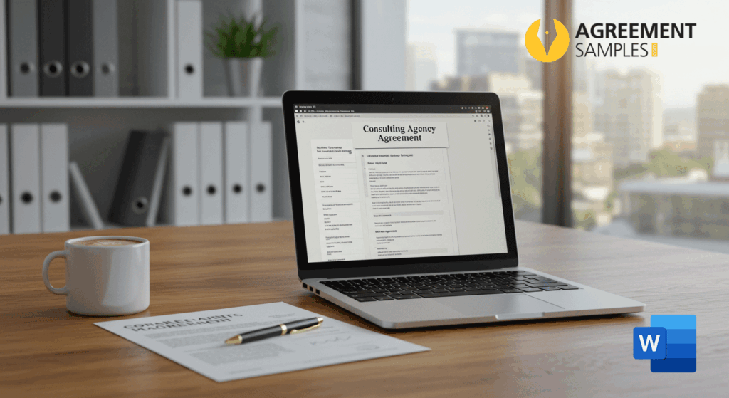 A consulting agency agreement template on a modern office desk with laptop and professional workspace.