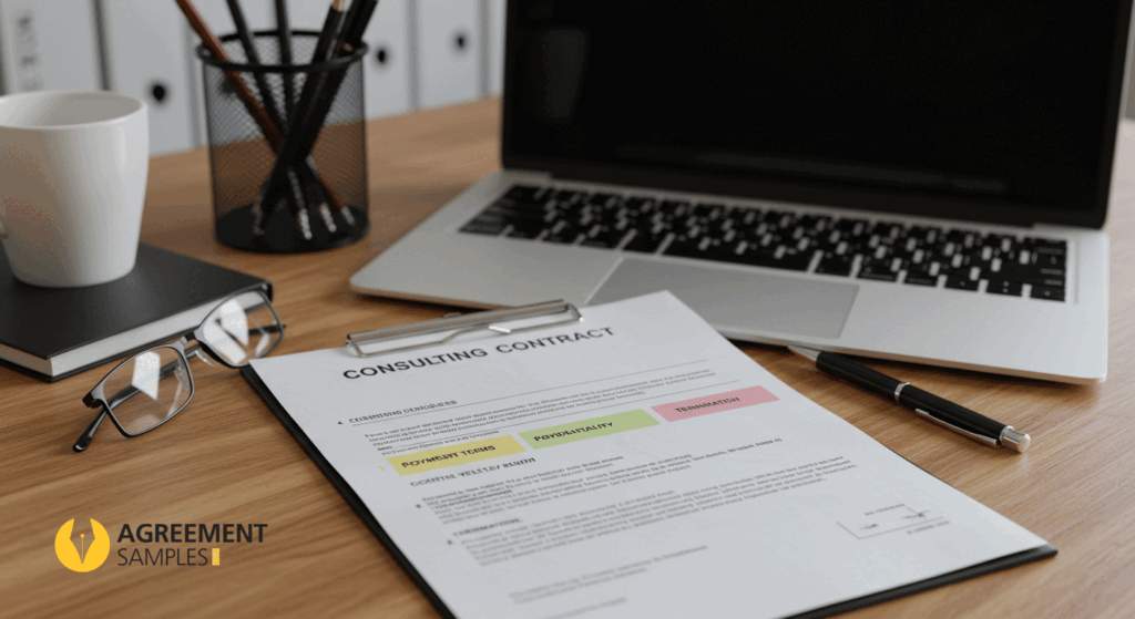 Business professional reviewing a consulting agency agreement highlighting key clauses like scope of services, payment terms, confidentiality, liability, and termination.
