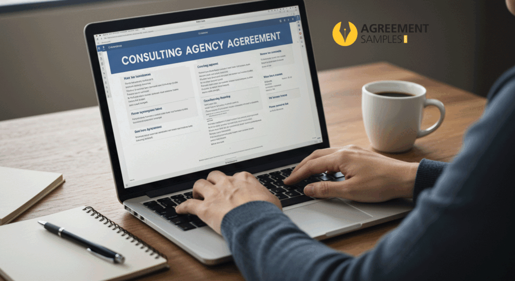 Consultant customizing a consulting agency agreement template on a laptop, editing scope, payment, and confidentiality sections in Word.