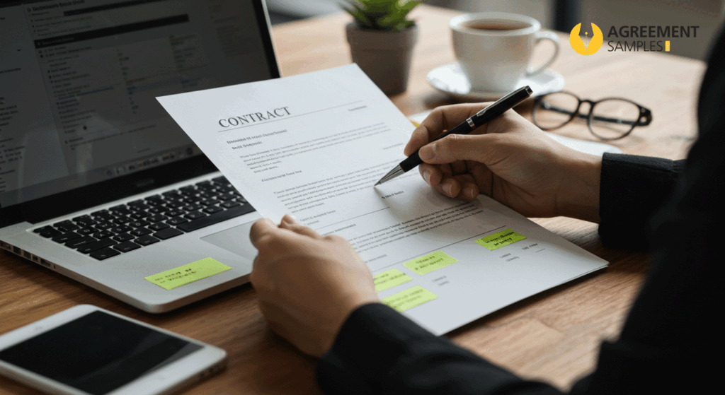 A person reviewing and editing a non-compete agreement at a desk with laptop, pen, and notes.